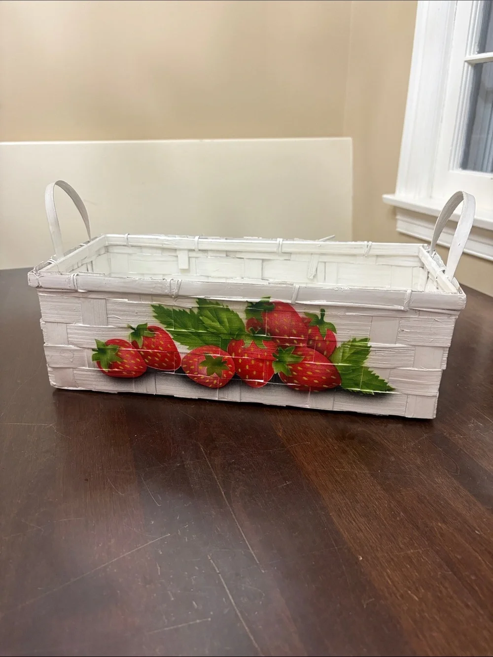 White Woven Rectangular Basket with Strawberry painting